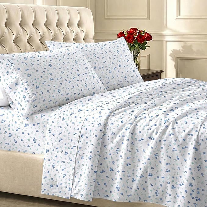 California Design Den Soft 100% Cotton Sateen Queen Bed Sheets Deep Pocket | 400 Thread Count Backed by Good Housekeeping Seal, 16" Deep Pocket, All-Around Elastic, 4 Pc Set - Floral White/Blues Print