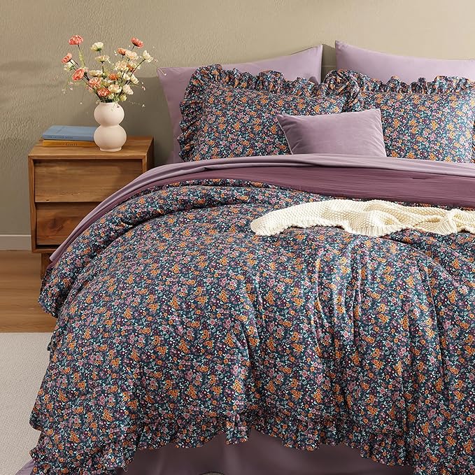 Queen Comforter Set-7 Pieces Floral Ruffle Bedding Set | Purple Ditzy Bed in a Bag, Soft Lightweight All Season Farmhouse Queen Bedding Sets with Sheets, Pillowcases & Shams