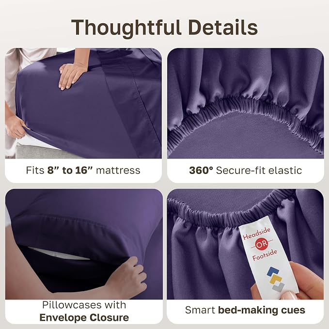 California Design Den 100% Cotton Sateen King Bed Sheets Deep Pocket Set | 6 Pcs with 4 Pillowcases, 400 Thread Count Backed by Good Housekeeping Seal, 16" Deep Pocket, All-Around Elastic - Purple