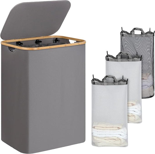IEGrow Laundry Hamper with Lid,160L Laundry Basket with 3 Mesh Bags,Grey | Dirty Clothes Hamper Basket with Bamboo Handle for Clothes Towels