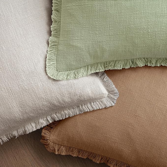 MIULEE Linen Fringe Decorative Euro Throw Pillow Covers Sage Green 24x24 | Set of 2, Cottagecore Decor, Boho Farmhouse Neutral Pillow Covers, Rustic Couch Cushion Cases for Sofa Bed Living Room