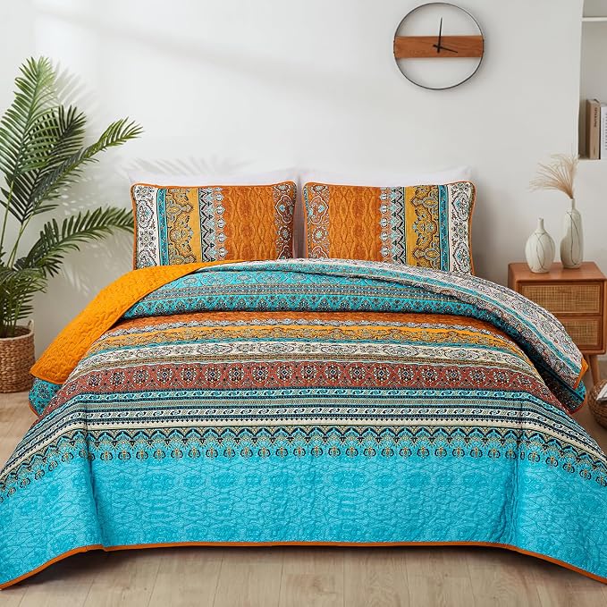 WONGS BEDDING Orange Quilt Queen Size, Boho Stripe Bedding Set, 96"x90" | Lightweight Soft Bedspread Coverlet,Modern Style Bohemian Pattern Bed Cover for All Seasons,3 Piece(1 Quilt,2 Pillow Shams)