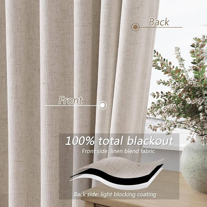 100% Blackout Curtains 102 Inch Length 2 Panels Set for Living Room Bedroom Back Tab Thermal Insulated Black Out Linen Drapes Room Darkening Window Curtains 102 Inches Long, Sand Beige