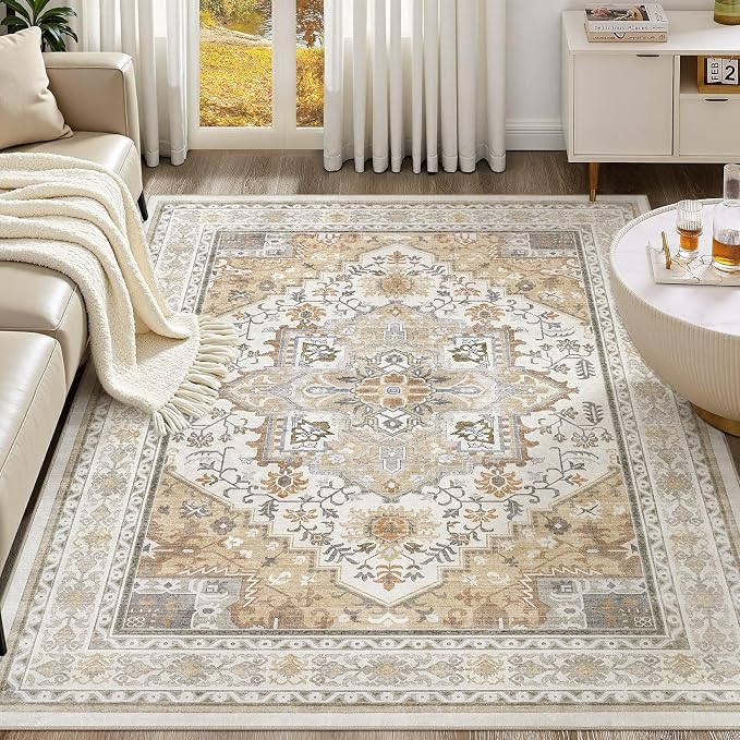 UERMEI 10x14 Area Rug for Living Room - Washable Vintage Carpet, Non-Slip Soft Large Indoor Floor Rugs for Bedroom Home Office & Under Dining Table Decor, Brown Beige