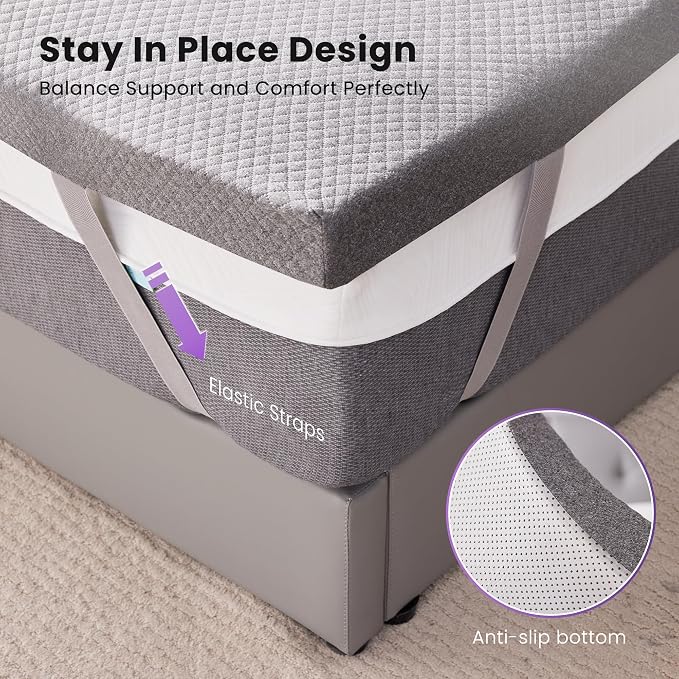 SINWEEK 3 Inch Gel Memory Foam Mattress Topper Full Size, Pad for Back Pain, Bed Topper with Removable Soft Cover, CertiPUR-US Certified,Grey