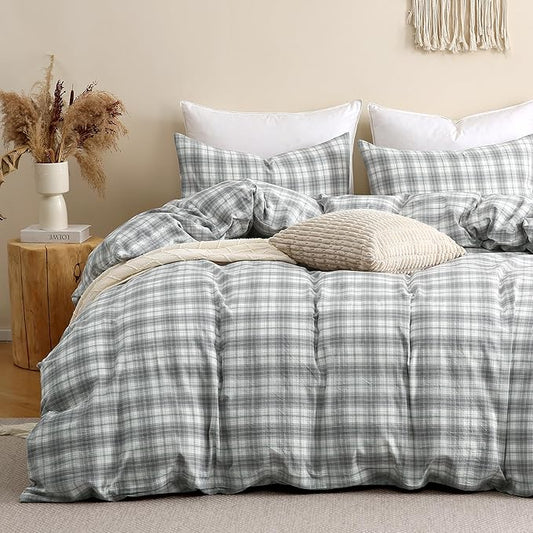 TOCOMOA Plaid Duvet Cover Set 100% Washed Cotton Like Linen, King | Linen-Like Feel Soft, Breathable & Comfy for All Season. Grey and Green Bedding Set with Zipper & 8 Ties. 3 Pcs, No Insert