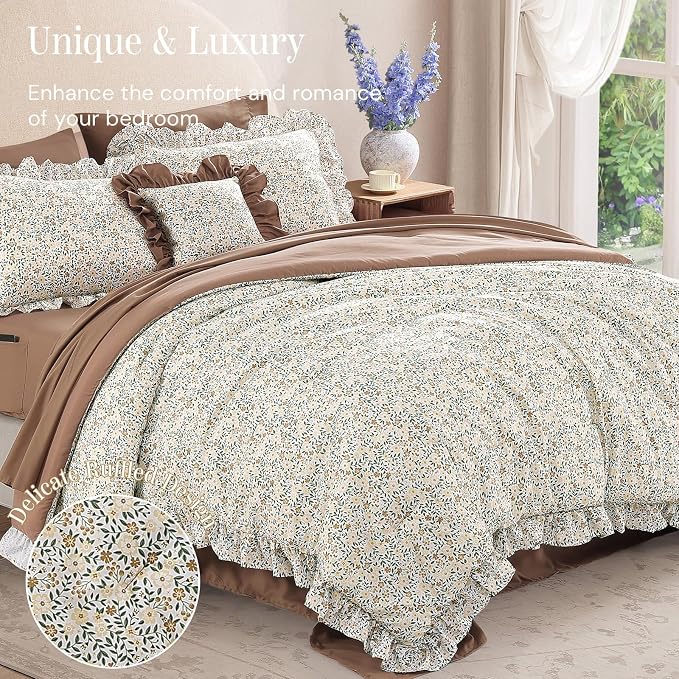 Full Size Comforter Sets-7 Pieces Floral Ruffle Bedding Set | Beige Ditzy Bed in a Bag, Soft Lightweight All Season Farmhouse Full Size Bedding Sets with Sheets, Pillowcases & Shams