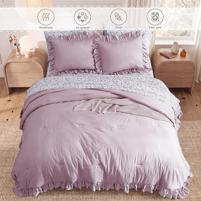 Full Size Comforter Sets-7 Pieces Ruffle Bedding Floral Sheet | Purple Bed in a Bag, Soft Lightweight All Season Farmhouse Full Size Bedding Sets with Floral Sheets, Pillowcases & Shams
