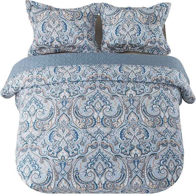 Cotton Bedspread Quilt Sets-Reversible Patchwork Coverlet Set, European Grey Floral Pattern, Queen Size