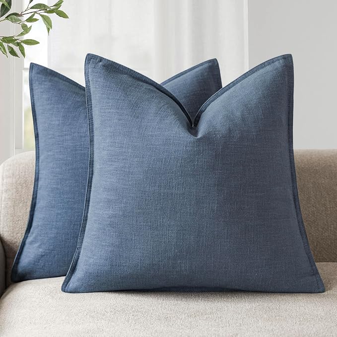 Foindtower Linen Solid Decorative Throw Pillow Covers 20x20 Inch Dark Blue | Pack of 2 Boho Farmhouse Pillowcase,Accent Neutral Cushion Covers,Morden Home Decor for Chair Couch Sofa Bedroom Living Room
