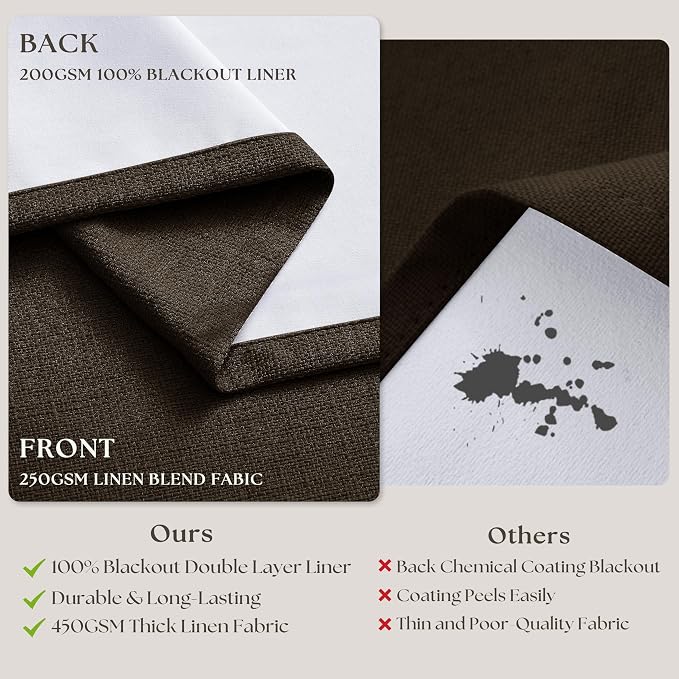 Pleat Chocolate Brown Curtains 108 Inches Long 2 Panels Set for Living Room | Memory Shape, Pinch Pleated Drapes, 100% Black Out, Thick Linen Blend, with Hooks Rings, Back Tab, for Ceiling Office 9 FT