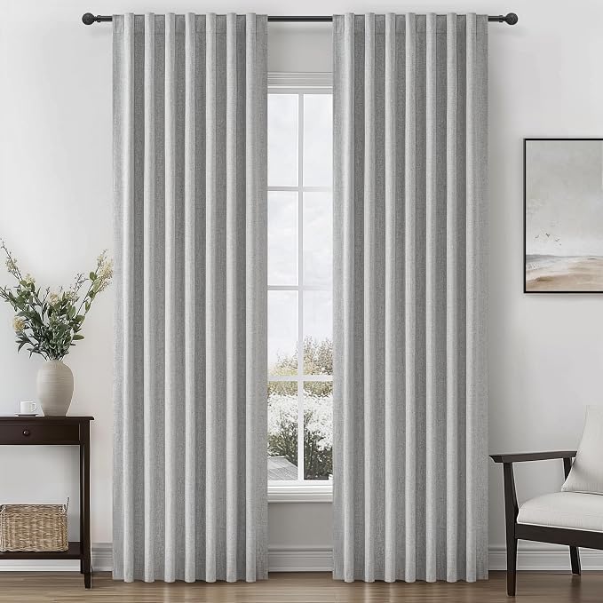 Gray 105 Inch Extra Long Blackout Curtains for Bedroom 2 Panels Set, Boho Room Darkening Pleated Flax Linen Blend Window Curtain 105 Inches Long with Hooks for Patio Sliding Door Burg(50"Wx105"L)