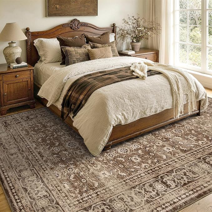 8x10 Ft Large Area Rugs for Living Room, Soft Non-Slip Machine Washable Rug, Vintage Stain Resistant Carpets for Bedroom Nursery Dining Room Home Decor (Brown)
