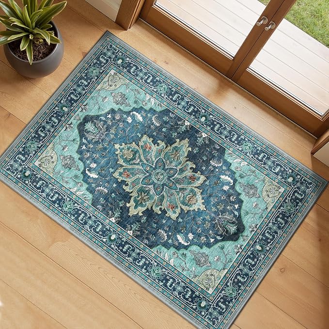 RELEANY Washable Area Rug, Small 2'x3', Teal | Non-Slip, Water Repellent, Pet Friendly, Easy to Clean, Vintage Floral Boho Decor for Kitchen Entryway Bathroom