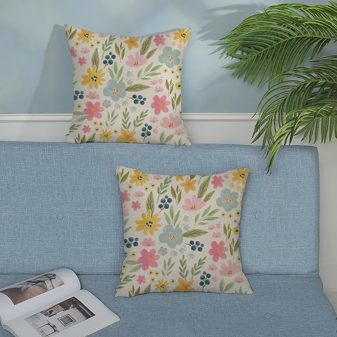 Outdoor Pillow Covers 18x18 Inch 2 Pcs Watercolor Pink Green Flower Spring Decor Throw Pillows Vintage Floral Summer Outdoor Seasonal Decoration Pillowcase Linen Cushion Cover for Couch Sofa