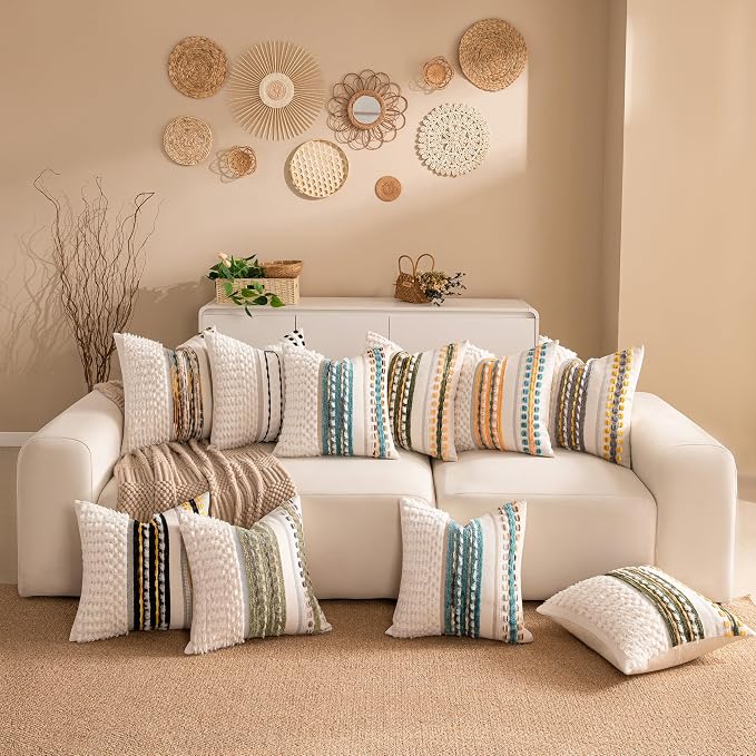 Boho Chenille Tufted Couch Throw Pillow Covers 18x18 Inch Set of 2 Farmhouse Striped Decorative Pillow Covers Accent Neutral Pillowcase Dark Green Cushion Cover for Living Room Sofa Bed