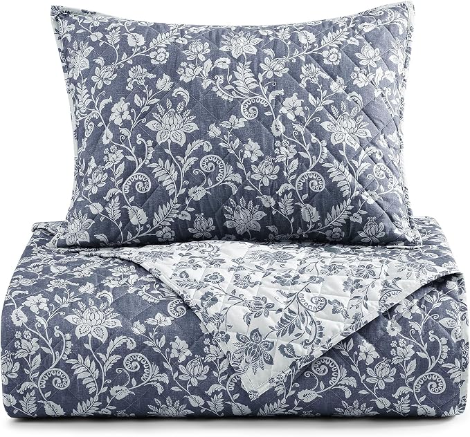 Twin/Twin XL Quilt Set-2 Pieces Soft Bedding Floral Reversible Coverlet | All Seasons Lightweight Quilts Queen Size for Bed, Breathable Vintage Bedspread with Sham, Oxford Blue