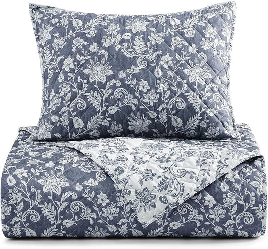 Twin/Twin XL Quilt Set-2 Pieces Soft Bedding Floral Reversible Coverlet | All Seasons Lightweight Quilts Queen Size for Bed, Breathable Vintage Bedspread with Sham, Oxford Blue