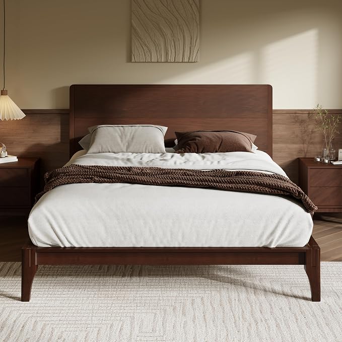 Merax Full Size Bamboo Platform Bed Frame with Tall Headboard, Espresso | Mid-Century Modern Solid Bedframe Full-Size, Wood Slat Support, No Box Spring Needed, Easy Assembly, Noise Free