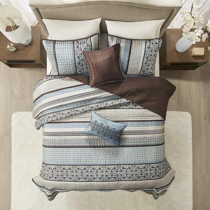 Madison Park Quilt Set Luxurious Jacquard Stripes Design - All Season, Coverlet Bedspread Lightweight Bedding Layer, Shams, Decorative Pillow, King/Cal King(104"x94"), Floral Blue 5 Piece | All Season, Luxurious Coverlet Bedspread Lightweight Bedding L...