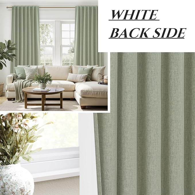 Sage Green Blackout Linen Curtains 105 Inches Long for Living Room Bedroom, Pleated Window Track Curtain with Pin Hooks Belt Boho Light Green Drapes Thermal Insulated (50"Wx105"Lx2Panels) Back Tab