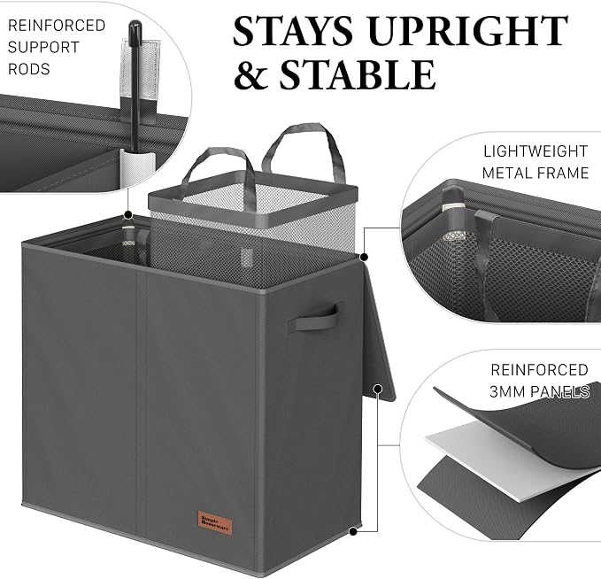 Simple Houseware Double Laundry Hamper with Lid & Removable Bags, Dark Gray | Heavy Duty 600D Polyester, Water-Resistant Surface