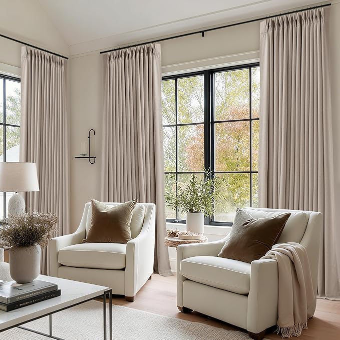 Viral Pleated Blackout Burlap 120 Inch Long Curtains Burlywood Birch | Pinch Pleated, Taupe Linen Curtains, Double Layer 100% Black Out, Soundproof, Neutral Cottagecore Window Drapes 2 Panels