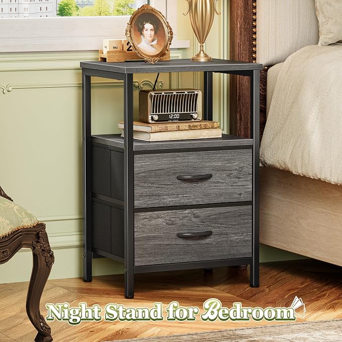 Huuger Night Stand Set of 2, Nightstand with 2 Drawers, Bedside Table | Open Shelf, Wooden Top, End Table, Fabric Drawer, for Bedroom, Living Room, Gery