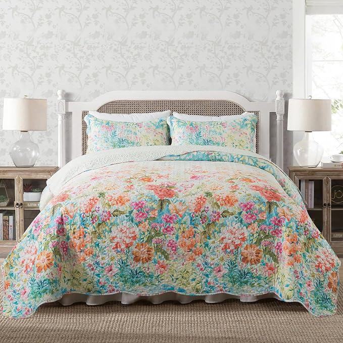 Quilt Bedspread Sets- Dreamy Flowers Reversible Coverlet Set,Queen Size