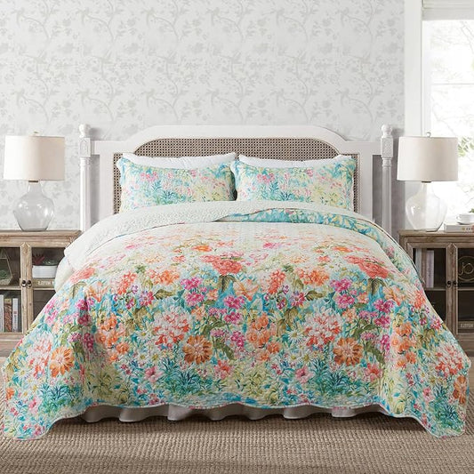 Quilt Bedspread Sets- Dreamy Flowers Reversible Coverlet Set,Queen Size