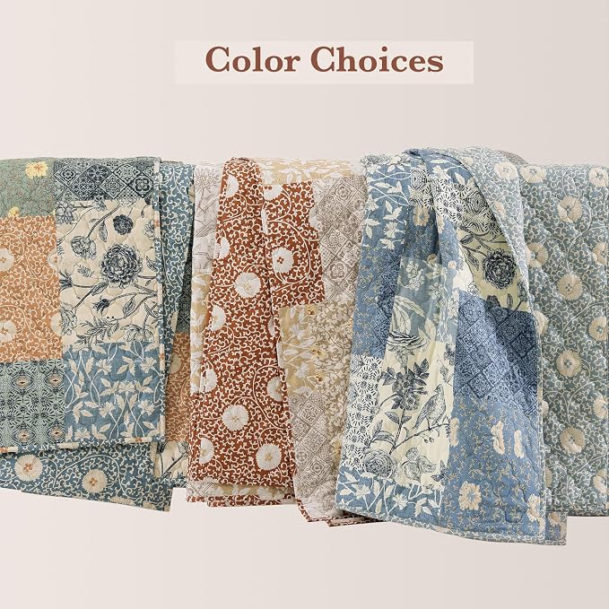 Twin Quilt Set-2 Pieces Soft Twin Bedspread Floral Patchwork Quilt | Lightweight Terracotta Quilt, Reversible Vintage Floral Bedding Set, All Season Bed Coverlet with 1 Pillow Sham, 66"x92"