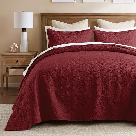Madison Park Queen Quilt Bedding Set, Cottage-Inspired Damask, 3PC | All Season Quilted Coverlet, Classic Stitch Pattern Bedspread & Shams, Ultra Soft Microfiber Bedspread Set, Red