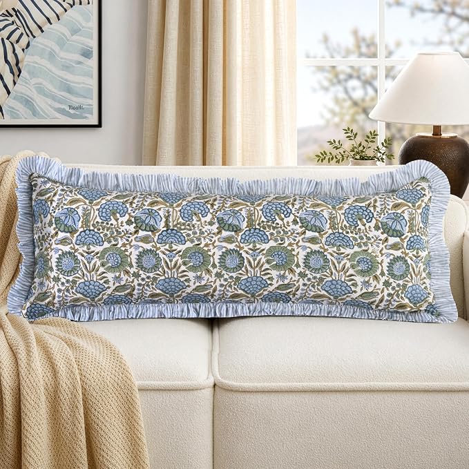 Ridhi Block Print Asparagus Green Ruffle Lumbar Pillow Shams, 36" x 14" | 100% cotton, Floral Pillowcase, Cushion Cover, Hidden Zipper, Cottagecore Bedding, farmhouse boho style, fits couch, sofa,Bed