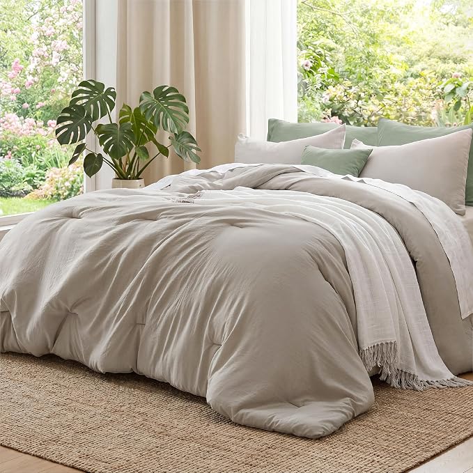 Bedsure Full Comforter Set, Muted Linen Soft Prewashed Bedding for All Seasons, 3 Pieces GentleSoft Bed Set, 1 Lightweight Comforter (82"x86") and 2 Pillowcases (20"x26")