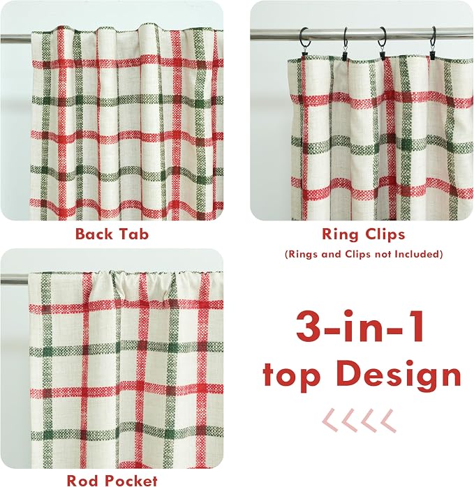 DriftAway 100% Blackout PlaidCurtains 72 Inches Long 2 Panels Red Green | 100% Blackout, Linen Texture, Plaid Pattern, Two Layers, Rod Pocket & Back Tab, Bedroom Living Room Use, Luxury Appearance