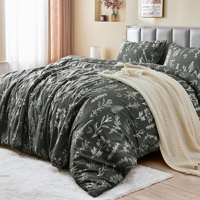 MUXHOMO Duvet Cover Full Size, Reversible Floral Dark Grey Duvet Cover Set with Zipper Closure, 3 Pieces Botanical Patterns Soft Microfiber Bedding Set with 4 Ties (80"x90", 2 Pillow Cases)