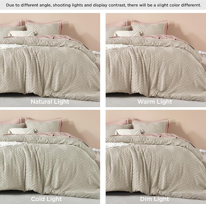 Litanika Super King Plus Comforter Set, 3 Pcs Tufted Boho Bedding Set | Oatmeal Farmhouse Shabby Chic Vintage Bohemian Textured Aesthetic Soft Fluffy Lightweight Breathable All Season Bed Set