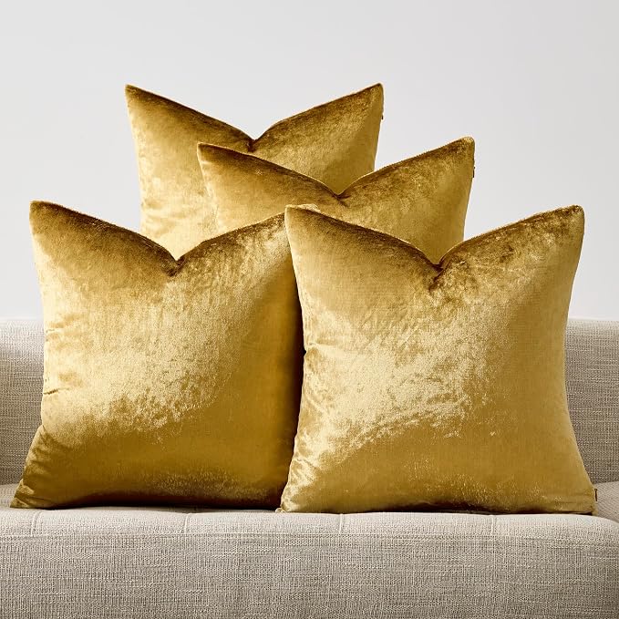 GIGIZAZA Pack of 4 Gold Decorative Velvet Pillow Covers 16x16 | Throw Pillows for Couch Sofa,300gsm Soft Thick Fabric,Modern Accent Pillowcases,Luxury Living Room Cushion Covers
