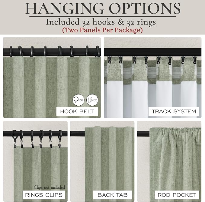 Sage Green Blackout Linen Curtains 120 Inches Extra Long for Living Room Bedroom,Pleated Large Window Track Curtain with Pin Hooks Belt Boho Light Green Drapes Thermal Insulated (50"Wx120"Lx2Panels)