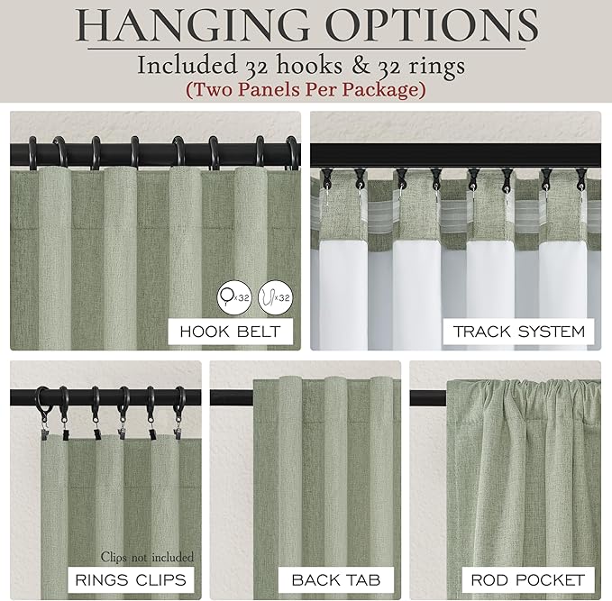 Sage Green Blackout Linen Curtains 86 Inches Long for Living Room Bedroom, Pleated Window Track Curtain with Pin Hooks Belt Boho Light Green Drapes Thermal Insulated (50"Wx86"Lx2Panels) Back Tab