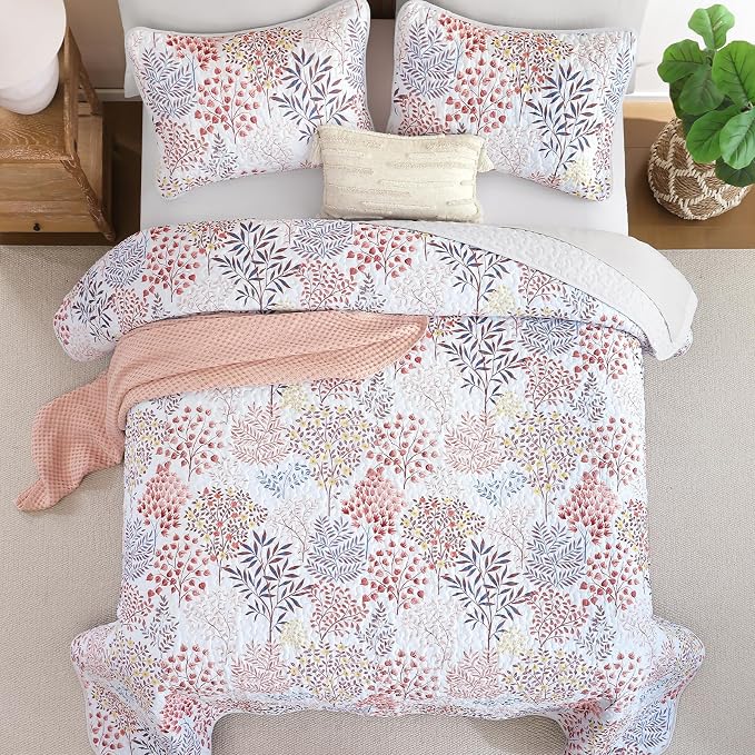 WONGS BEDDINGKing Quilt Set, 3 Pcs Red Blue Floral Bedspread Coverlet | Botanical Print Quilt Set for Spring Summer, Lightweight Microfiber Farmhouse Quilted Bed Cover for Guest Room 110"×90"