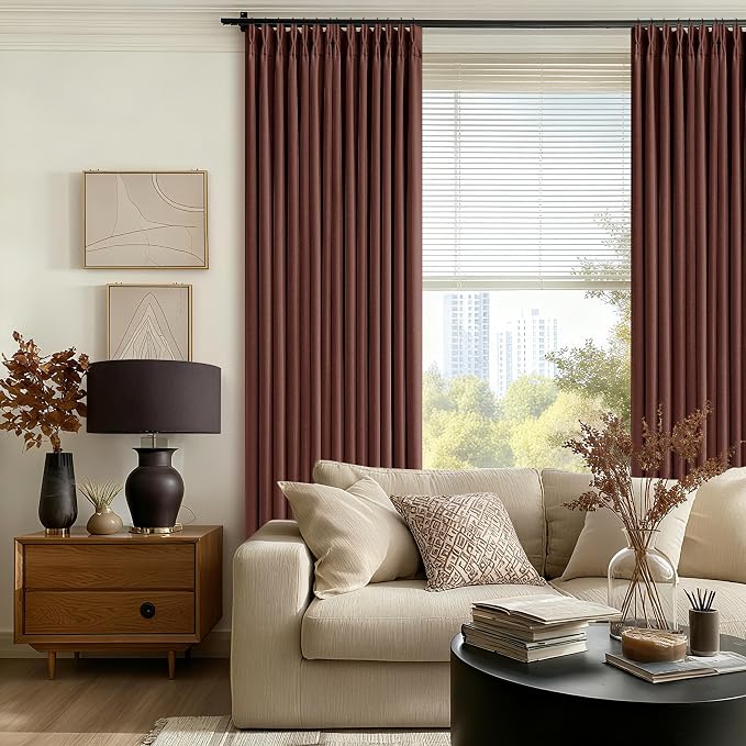 Chestnut Brown Linen Blackout Pleated 90 Inch Curtains for Living Room | Room Darkening 100% Black Out Drapes, Thermal Insulated, Soundproof, Pinch Pleat 90 Inch Curtain for Dining Bedroom