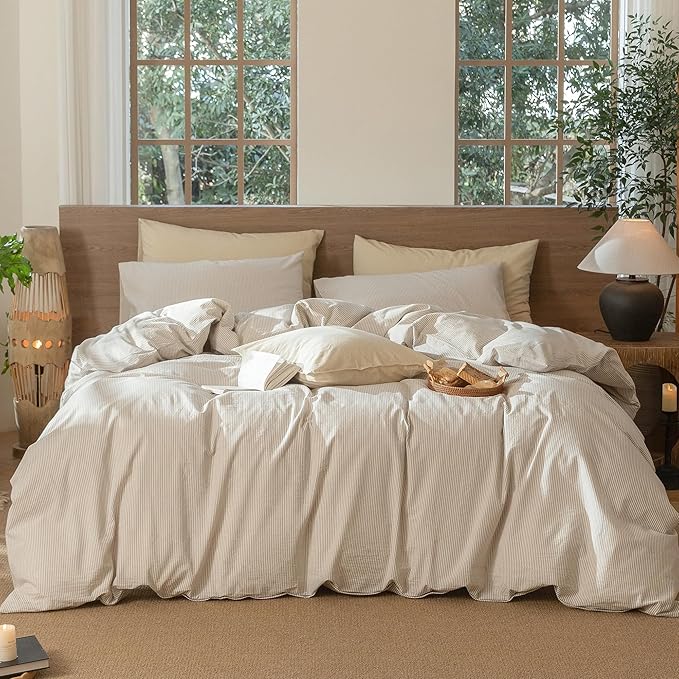 MooMee Striped Duvet Cover Set 100% Washed Cotton Linen Like Super King | Relaxed Linen-like Texture. Soft, Breathable & Long-lasting Comfort. Lightweight. Hidden Zipper with 8 Interior Corner Ties
