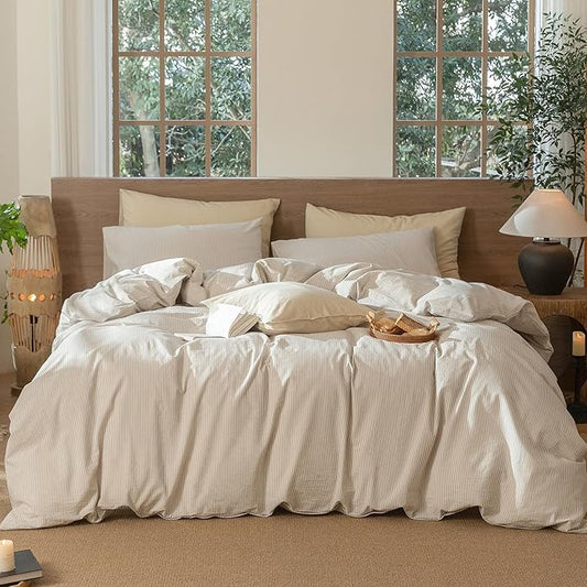 MooMee Striped Duvet Cover Set 100% Washed Cotton Linen Like Super King | Relaxed Linen-like Texture. Soft, Breathable & Long-lasting Comfort. Lightweight. Hidden Zipper with 8 Interior Corner Ties