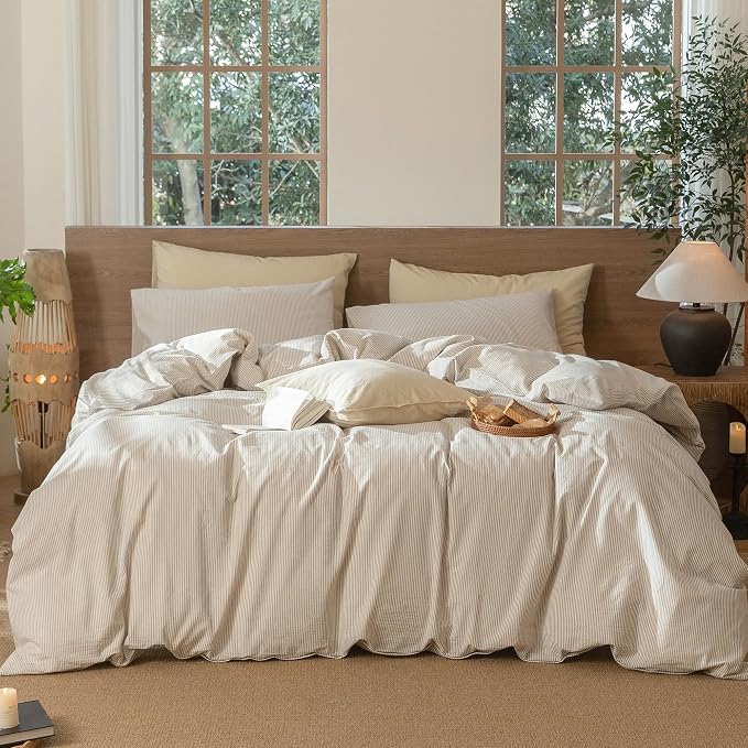 MooMee Striped Duvet Cover Set 100% Washed Cotton Linen Like | Relaxed Linen-like Texture. Soft, Breathable & Long-lasting Comfort. Lightweight. Hidden Zipper with 8 Interior Corner Ties