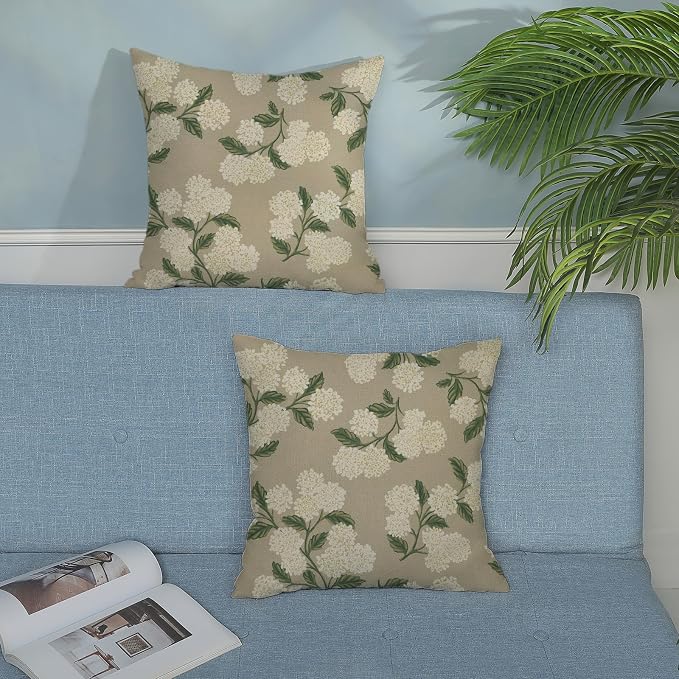 Beige Spring Pillow Covers 16x16 Inch 2 Pcs Khaki Green Hydrangea Flower Decor Throw Pillows Vintage Floral Seasonal Summer Outdoor Decoration Pillowcase Linen Cushion Cover for Couch Sofa