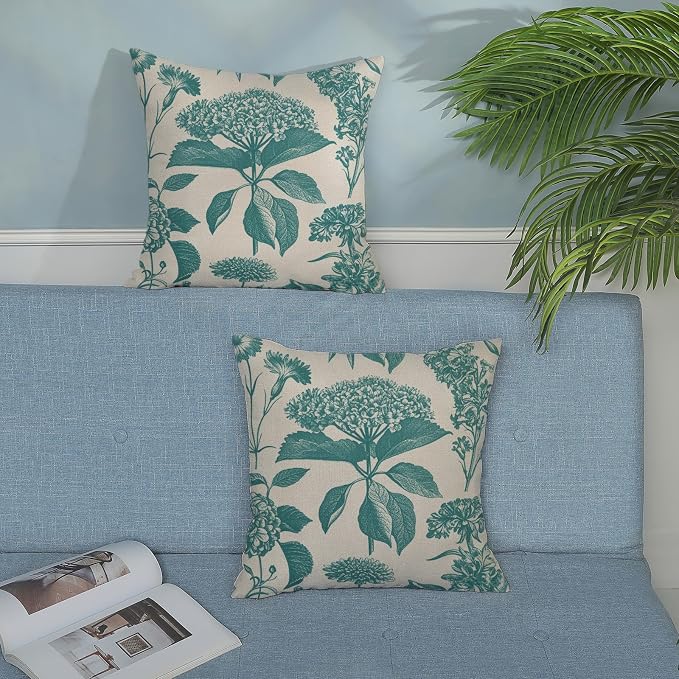 Aqua Teal Pillow Covers 18x18 Inch 2 Pcs Boho Vintage Floral Decor Throw Pillows Hydrangea Flower Summer Outdoor Farmhouse Neutral Accent Decoration Pillowcase Linen Cushion Cover for Sofa