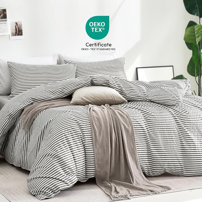 JELLYMONI 100% Cotton Classic Striped Queen Duvet Cover Set, Grey | Breathable Softness, Oeko-Tex Certified, Classic Stripes, 8 Corner Ties & Double Hidden Zipper
