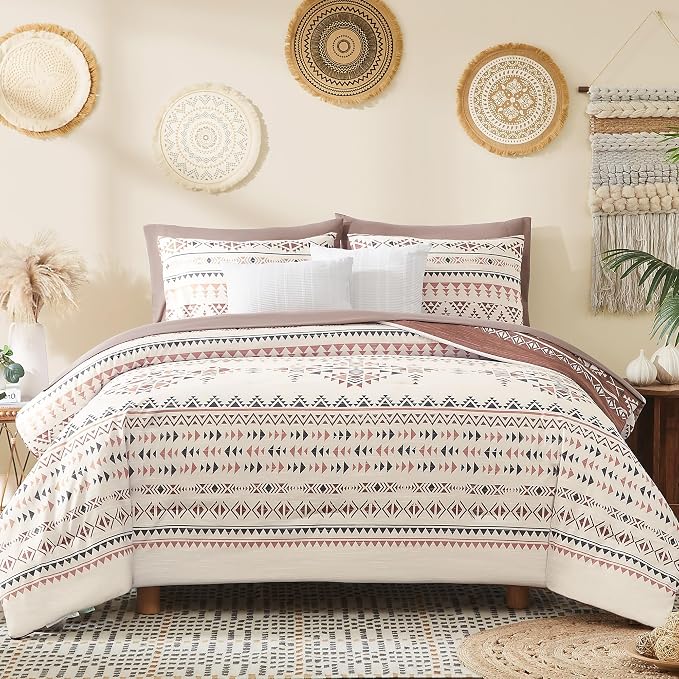 Full Size Comforter Sets - 7 Pieces Western Bedding Reversible Bed in a Bag | Boho Bedding, All Season Aztec Bed Set with Comforter, Sheets, Pillowcases & Shams, Burgundy