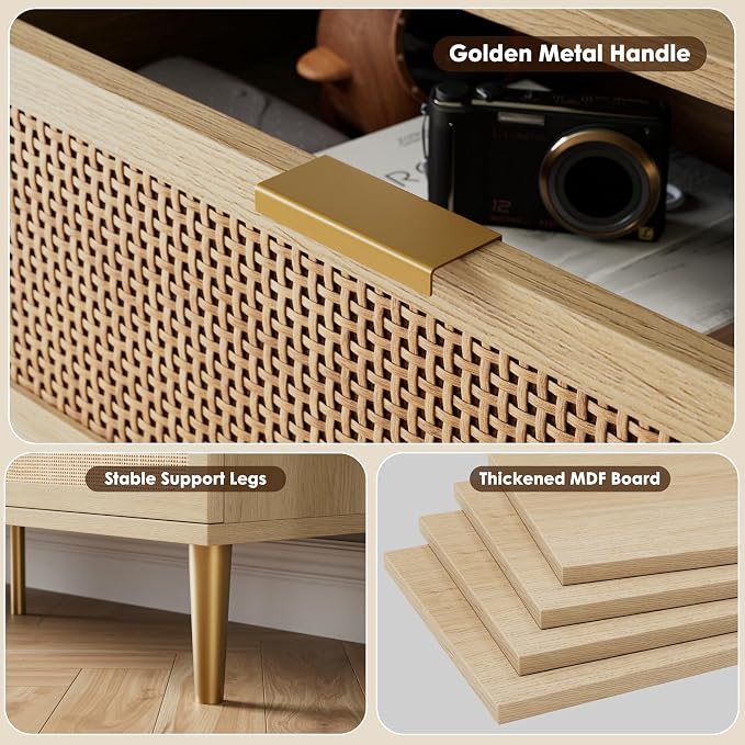 GarveeHome Rattan 9 Drawer Dressers for Bedroom, Deep Drawer, Natural | Tall Dresser, Wide Top, for Living Room, Hallway, Kids Room, Large Chest of Drawers for Closet, Long Wooden Dresser